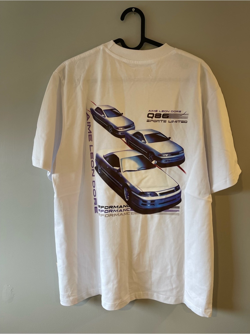 Aime Leon Dore White Tee with Blue Car Graphic